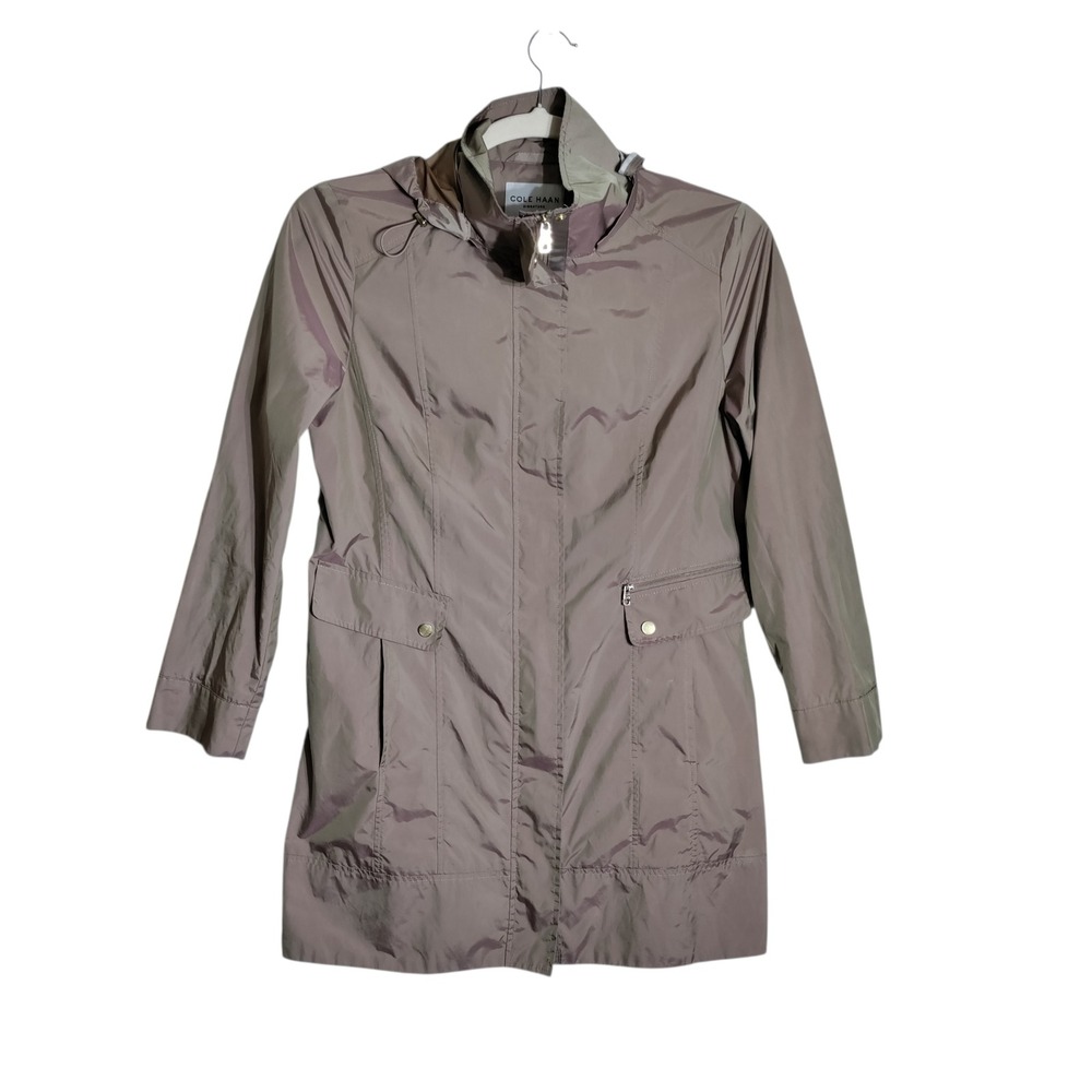 Cole Haan Signature Womens Iridescent Taupe Hooded Jacket Trench Coat Size L